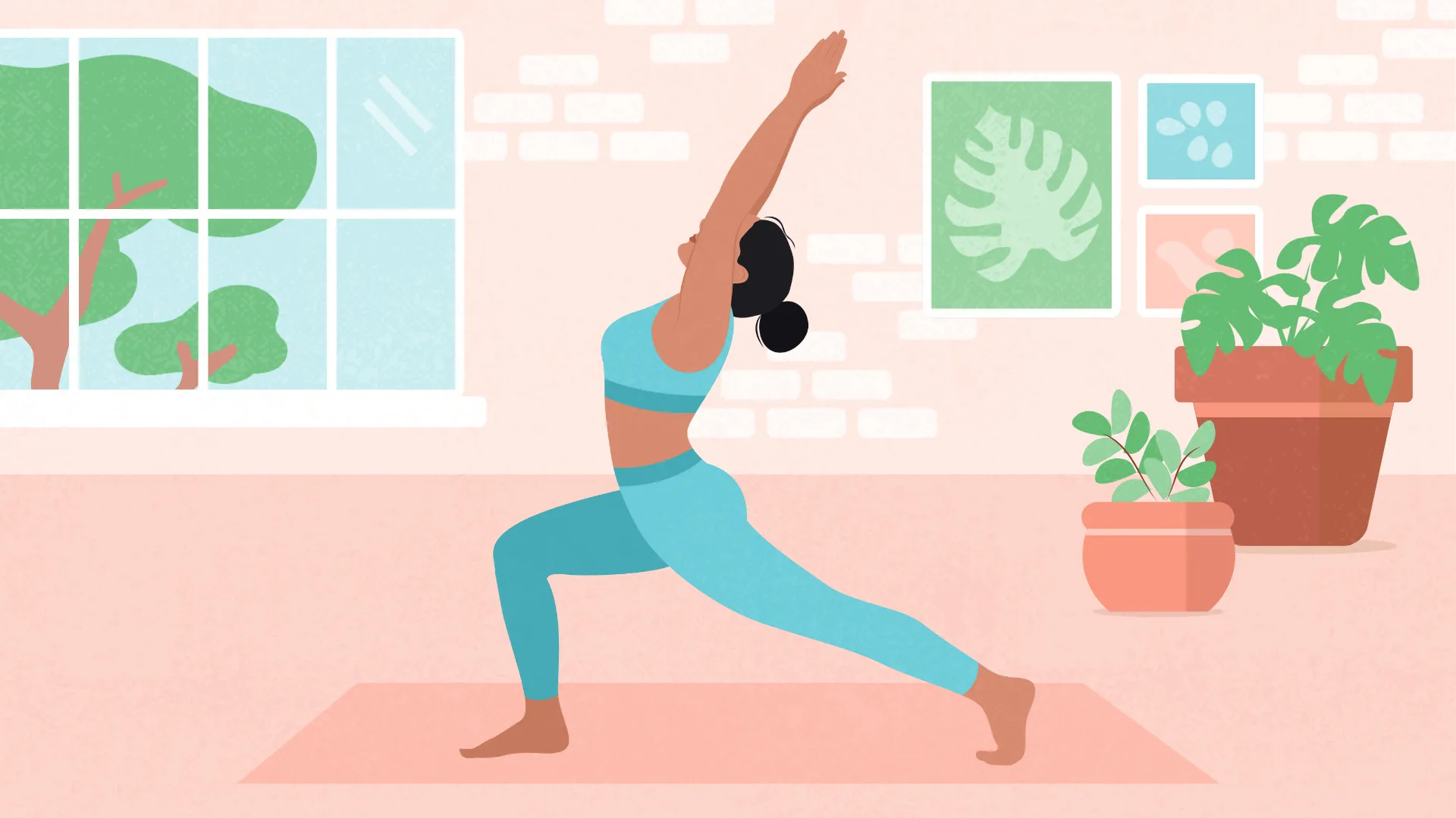 illustration of woman, dressed in blue, in her living room practicing yoga, pose warrior 1. The living room is coral, filled with plants, art and a window showing a tree and sky