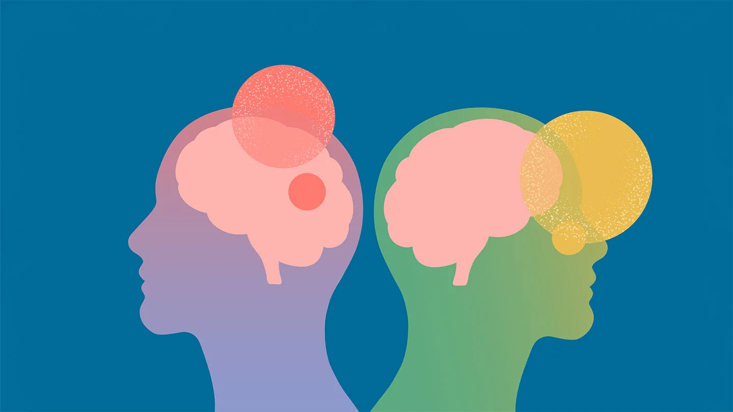 two head and brain silhouettes face away from one another one with circular coral highlights over top and inside the brain the other with yellow circular highlights over the front of the face and brain sinus area