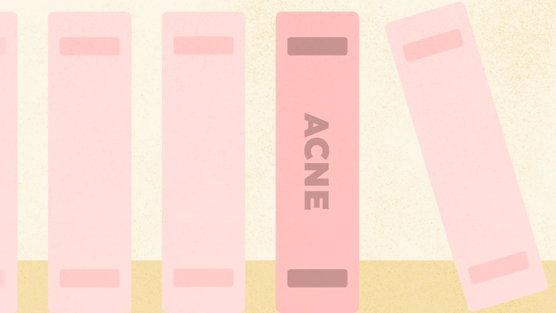 illustration of books on a bookshelf with the term "acne" on the spine of one of them