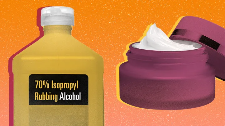 rubbing alcohol and face cream photo collage purple orange yellow pink
