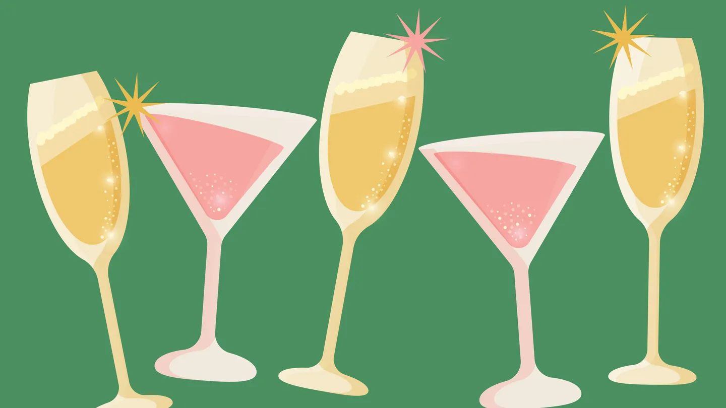 illustration of festive New Year's Eve mocktails and sparkling beverages