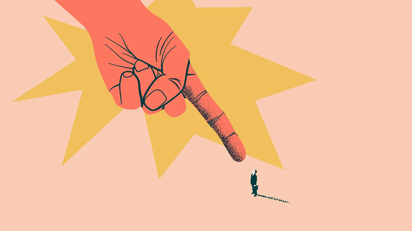 large hand pointing down at small worker