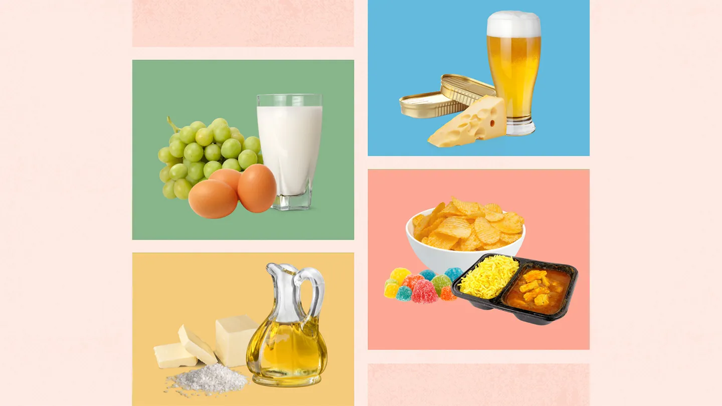 four types of processed foods within MPF PCI PF and UPF groups fruits eggs milk butter oil salt beer canned fish cheese savory snack chips sweets ready meals