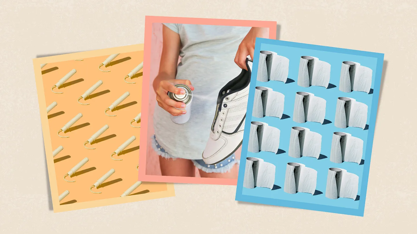 tampons woman spraying shoe with odor spray toilet paper rolls