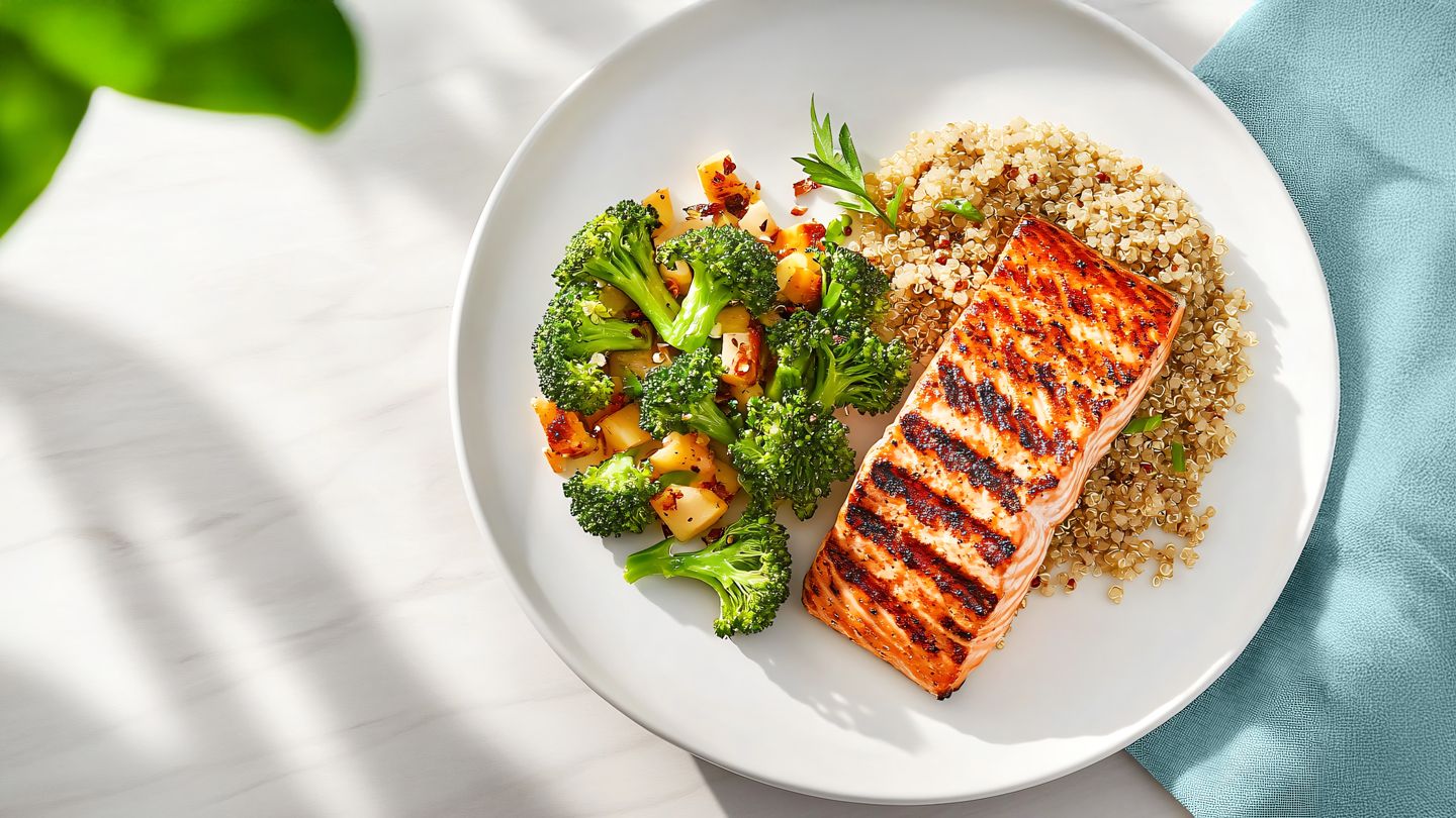 High protein plate of grilled salmon, quinoa, and broccoli