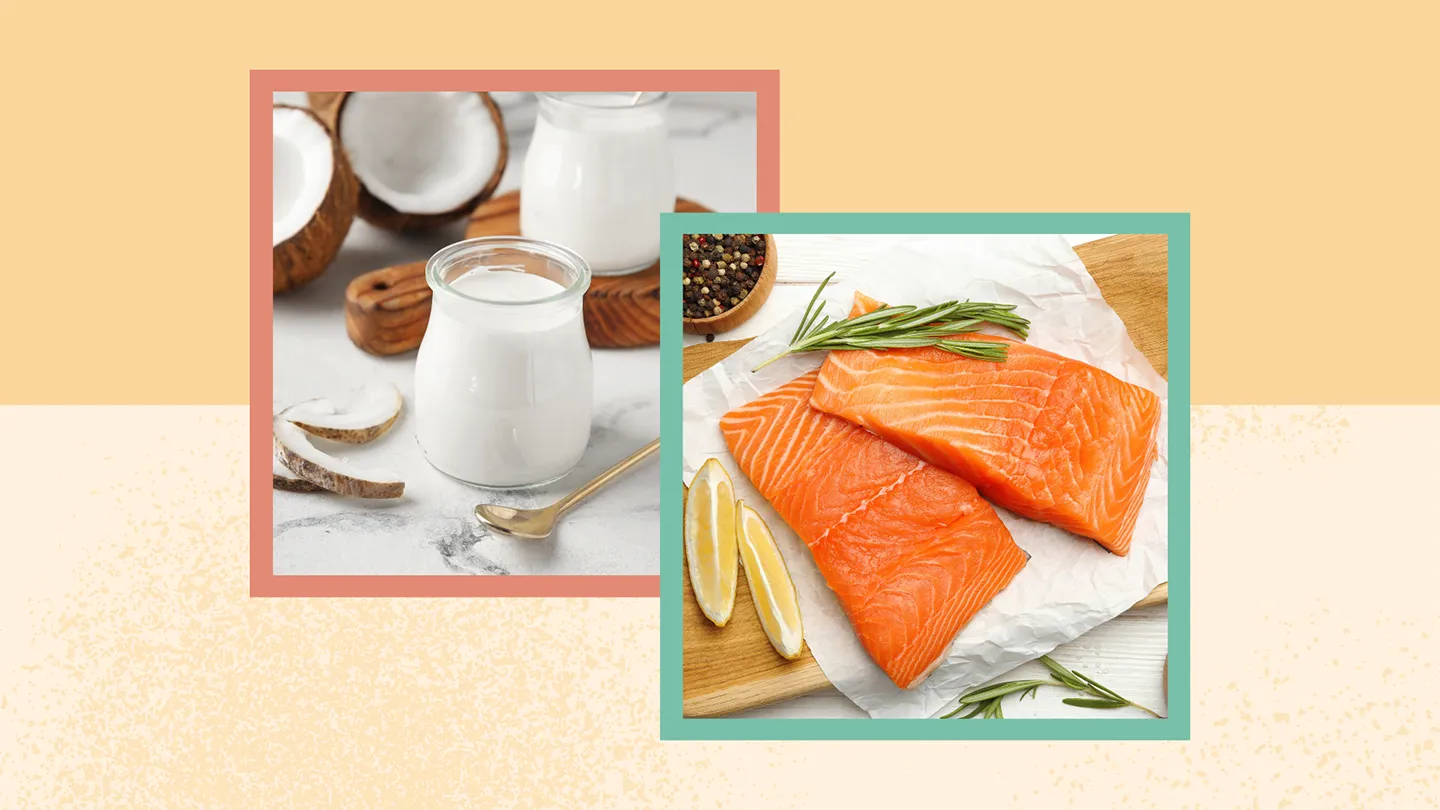 a collage showcasing plant based yogurt and wild salmon