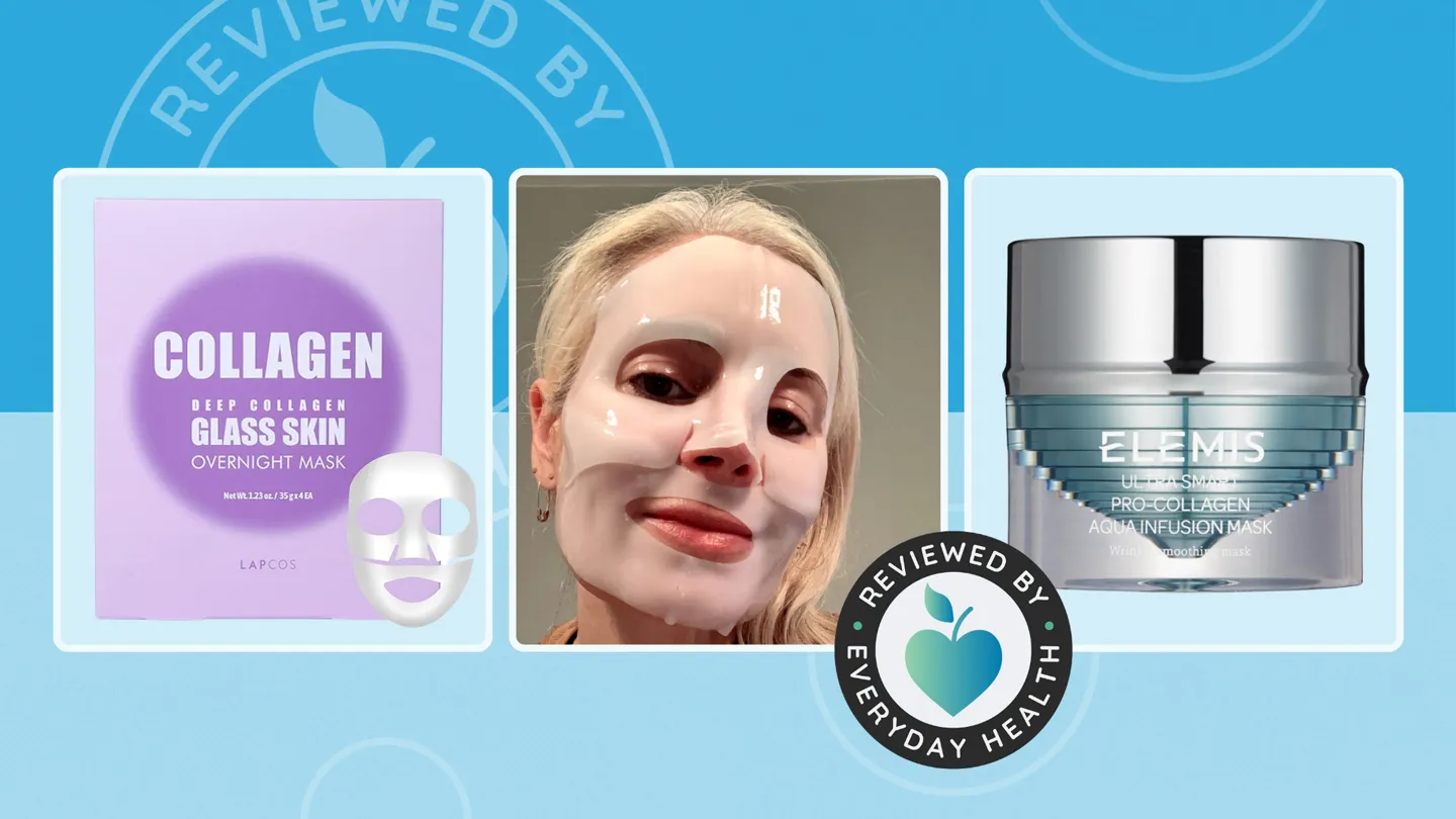 collagen masks packaging with a person wearing one