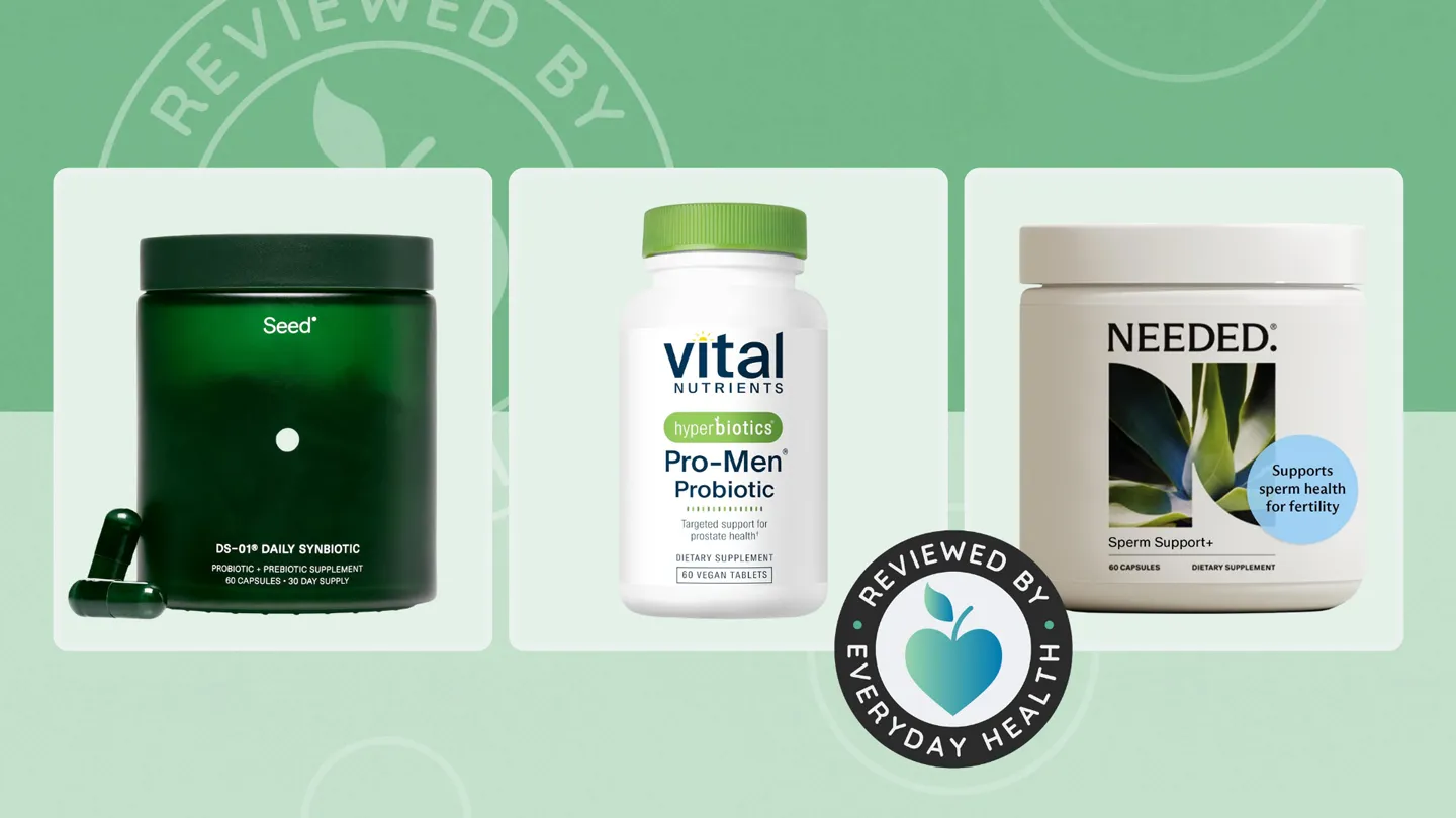 Three different brands and types of probiotics for men against green background