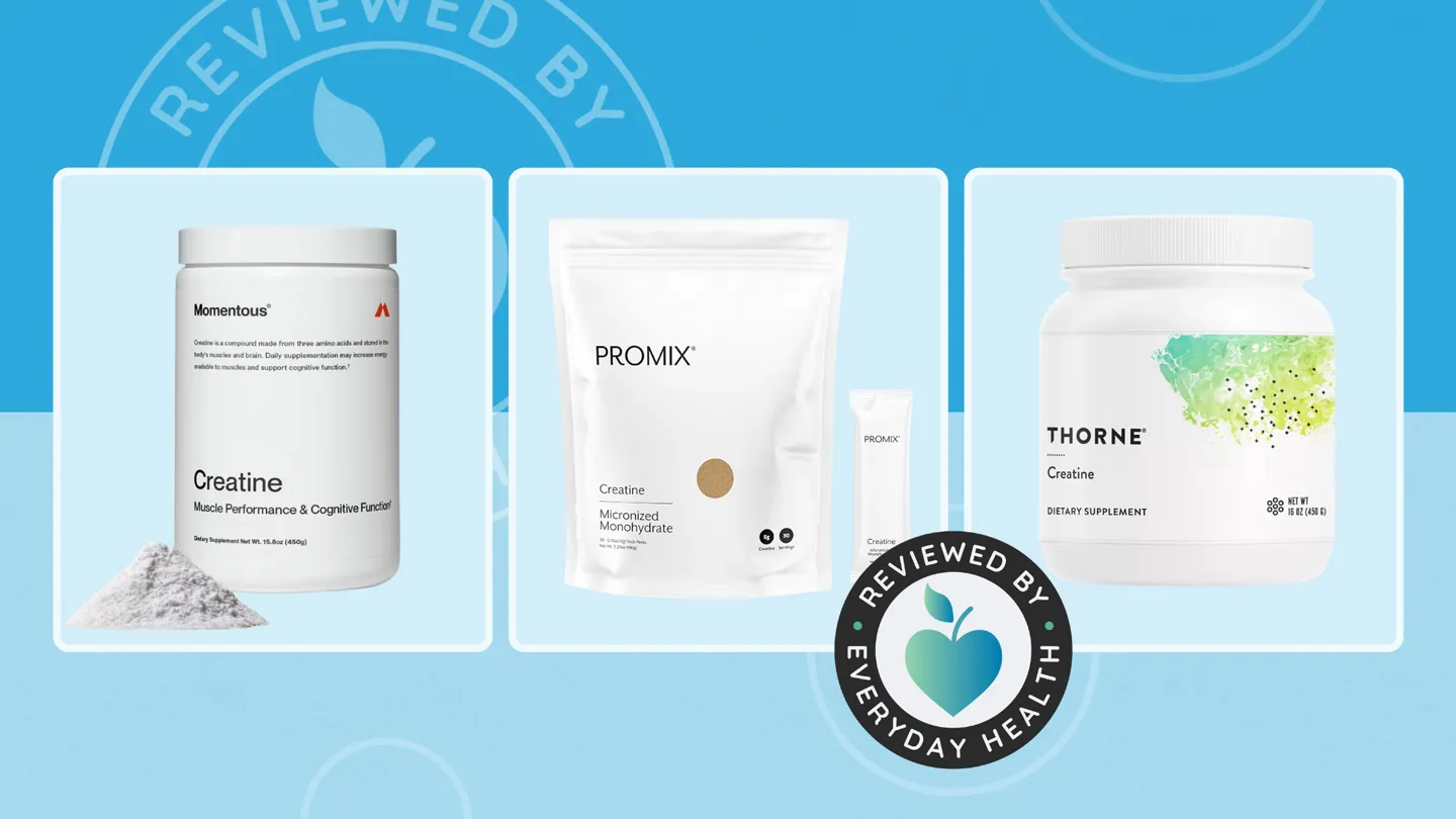 Three brands of creatine supplements against blue background