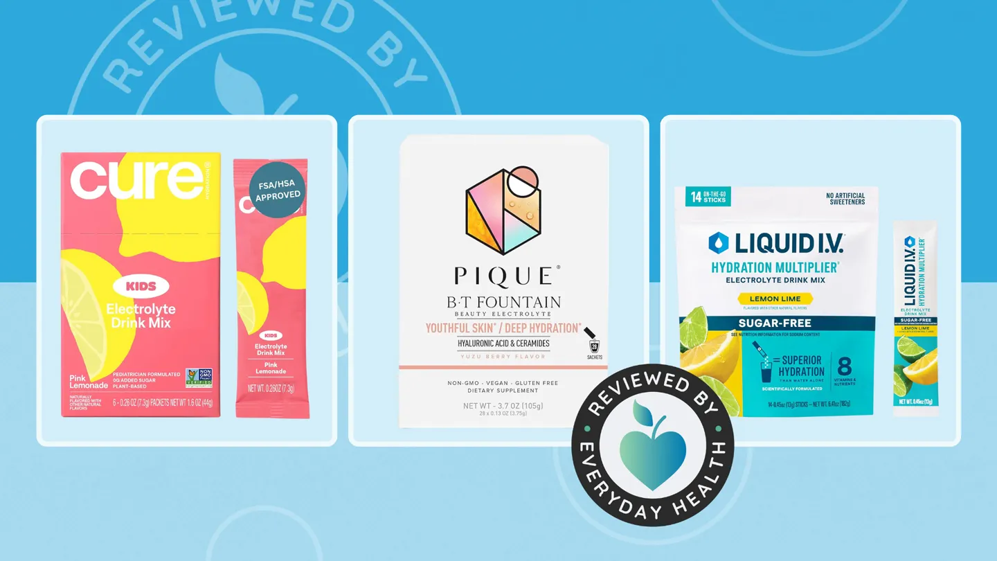 Three varieties of electrolyte powders against blue background