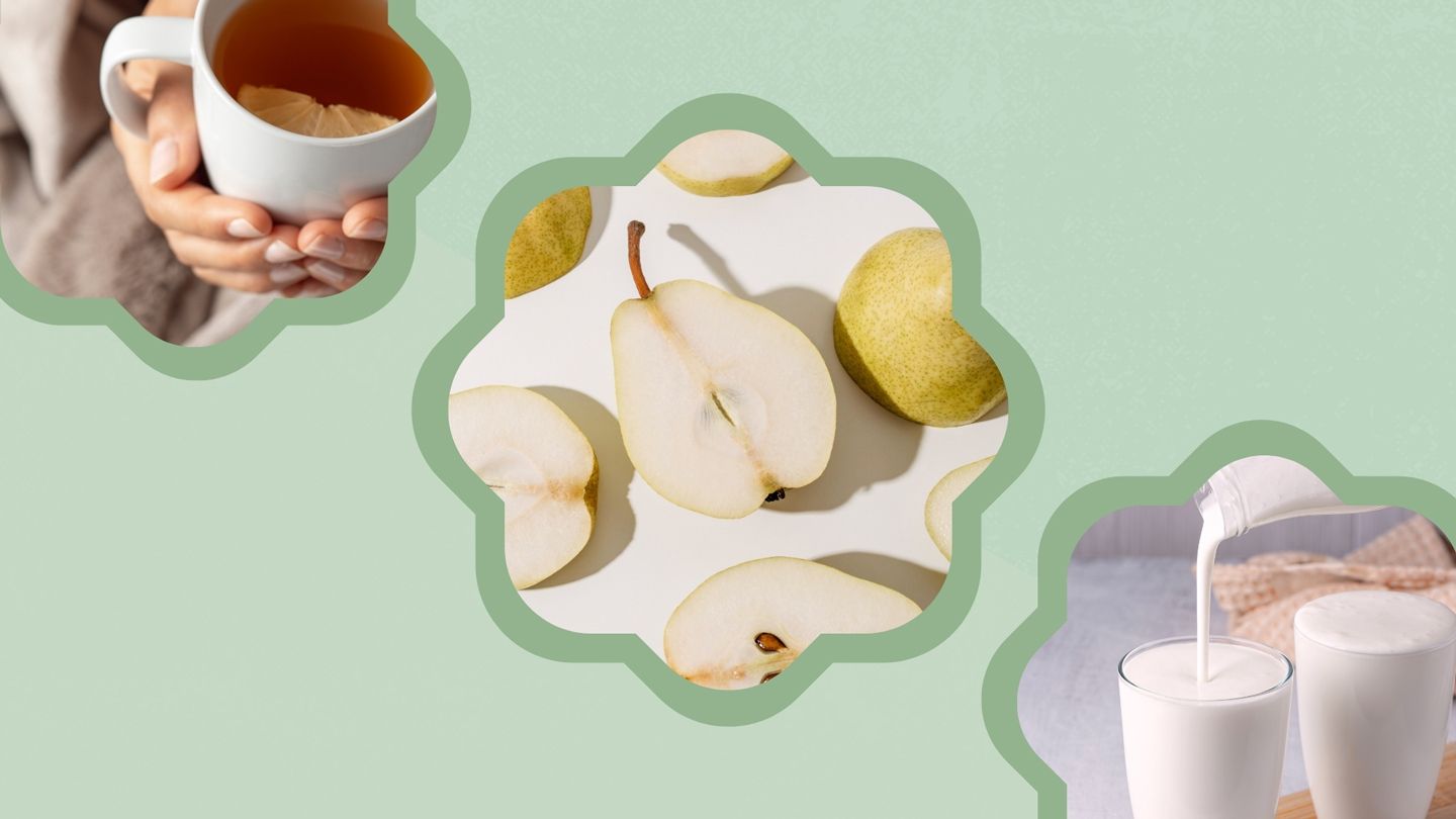hands holding cup of tea, pears, kefir pouring