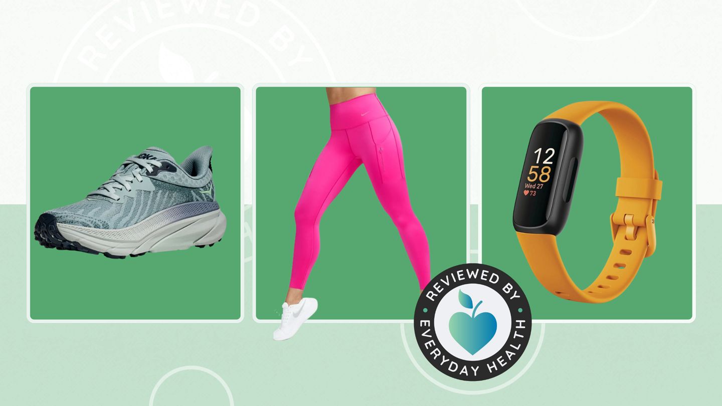 Gear for running in a collage showing sneaker, pink leggings, orange Fitbit wristband