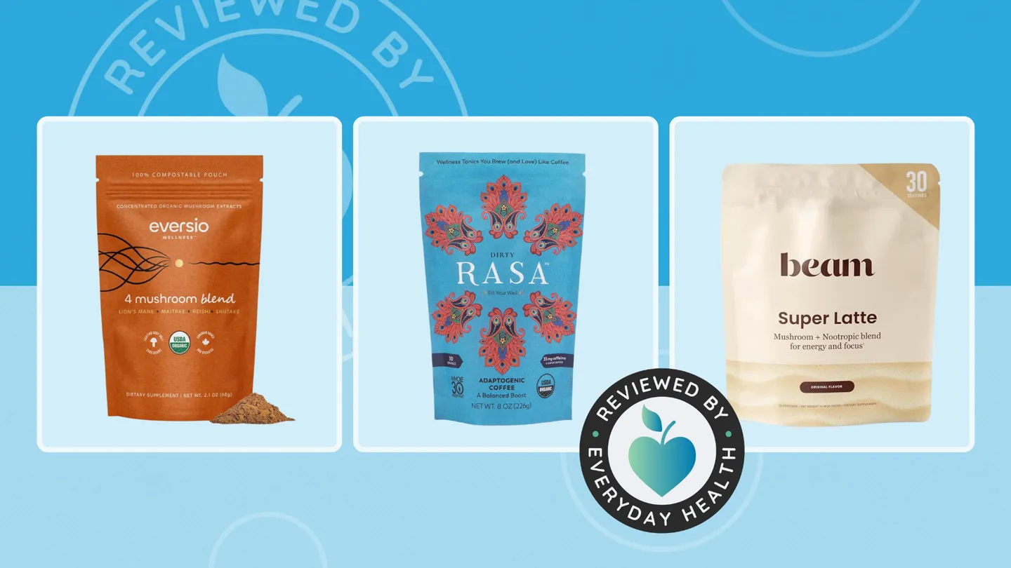 Three different brands of mushroom coffee against a blue background