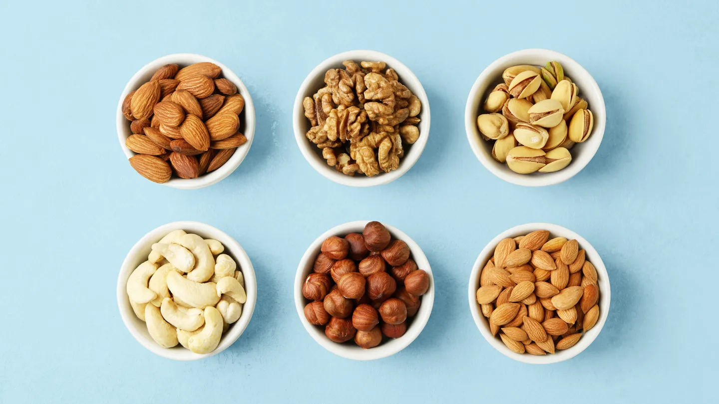 variety of nuts in bowls