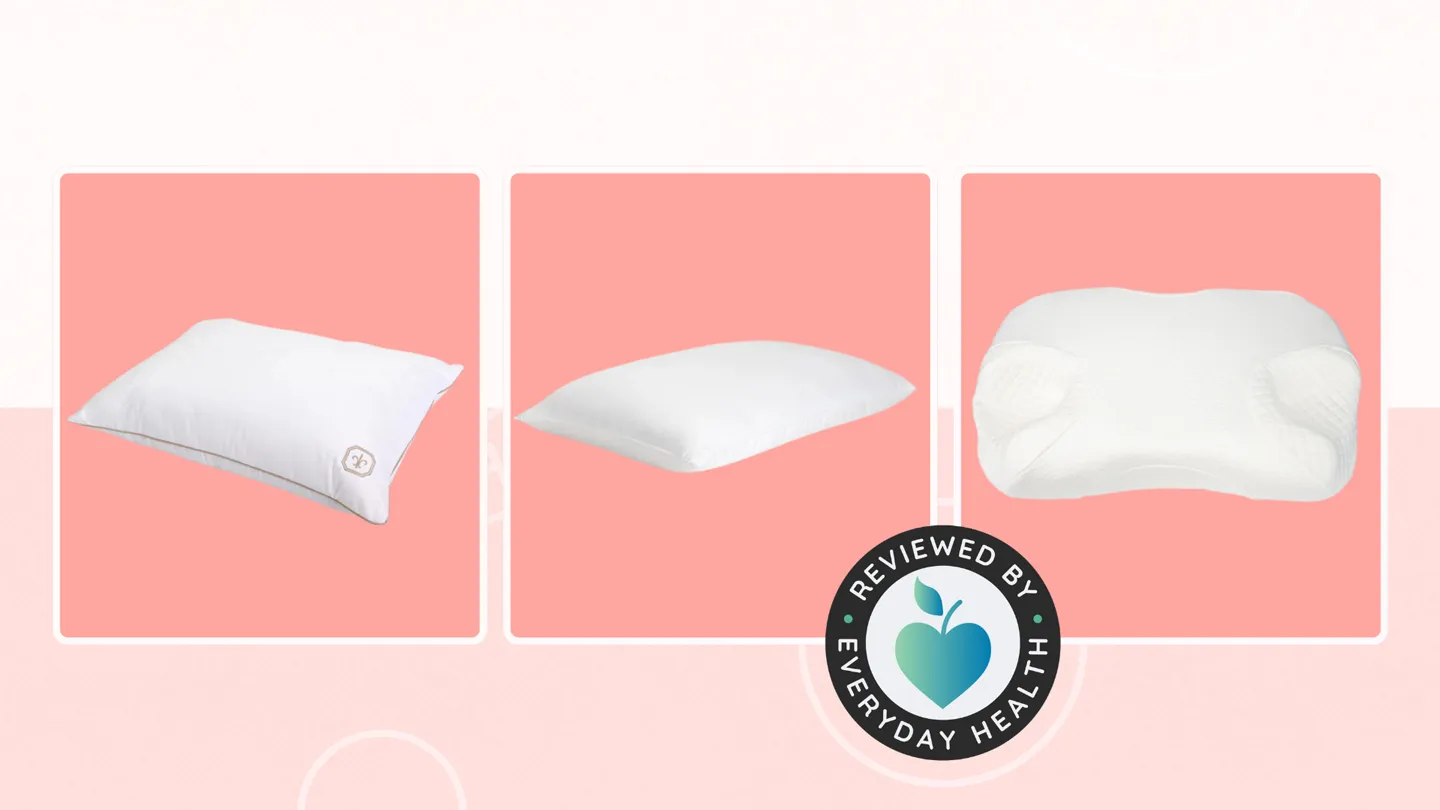 Three white pillows for sleeping to help with neck pain