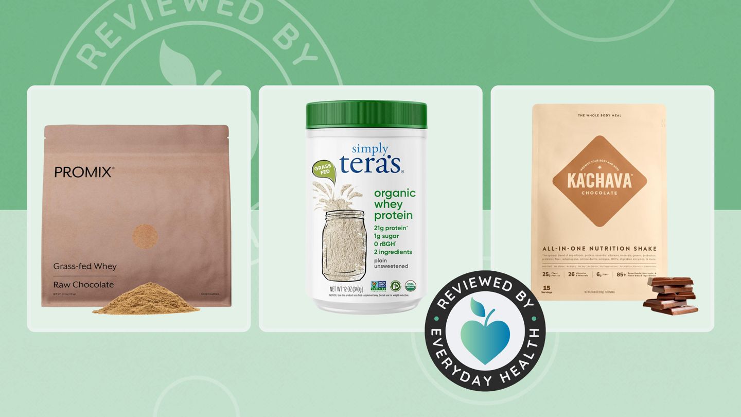 Three different brands of protein powders against green