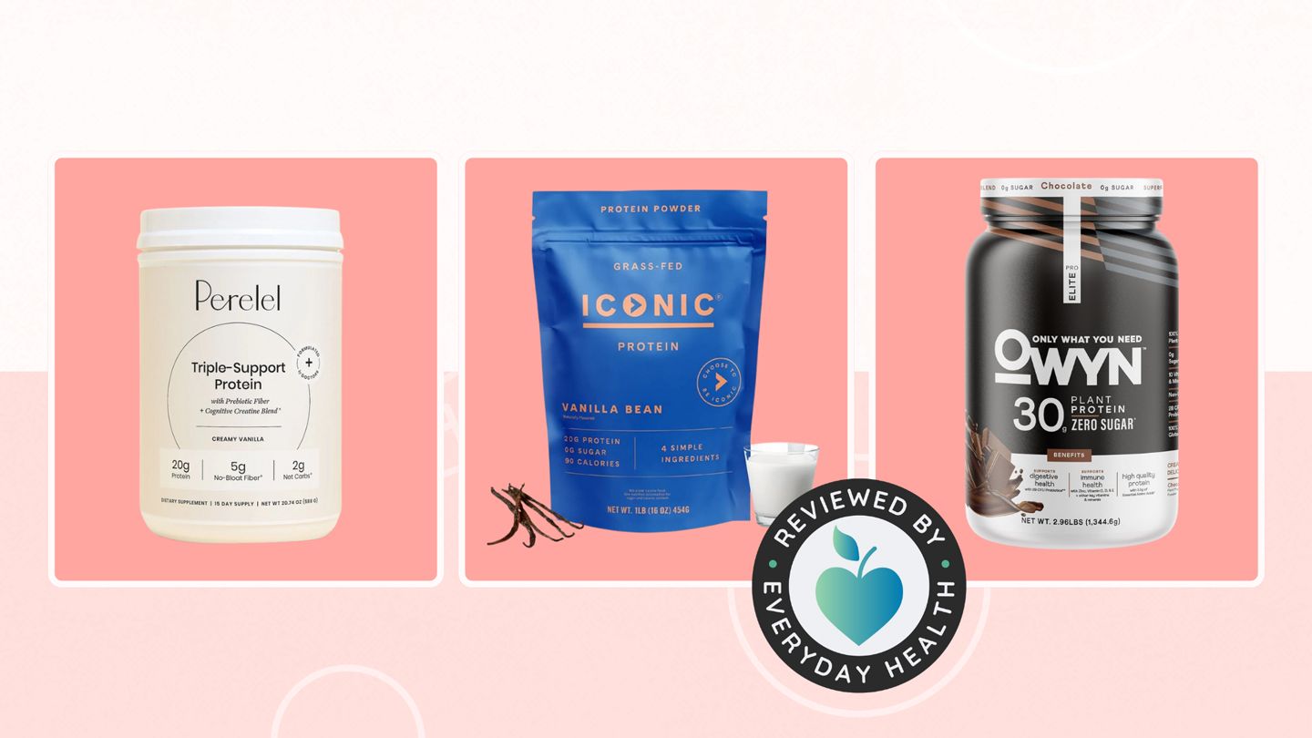 Three different protein powders against pink background