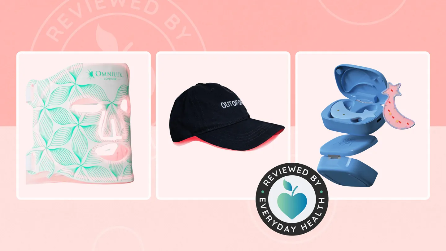 Three types of red light therapy devices against pink