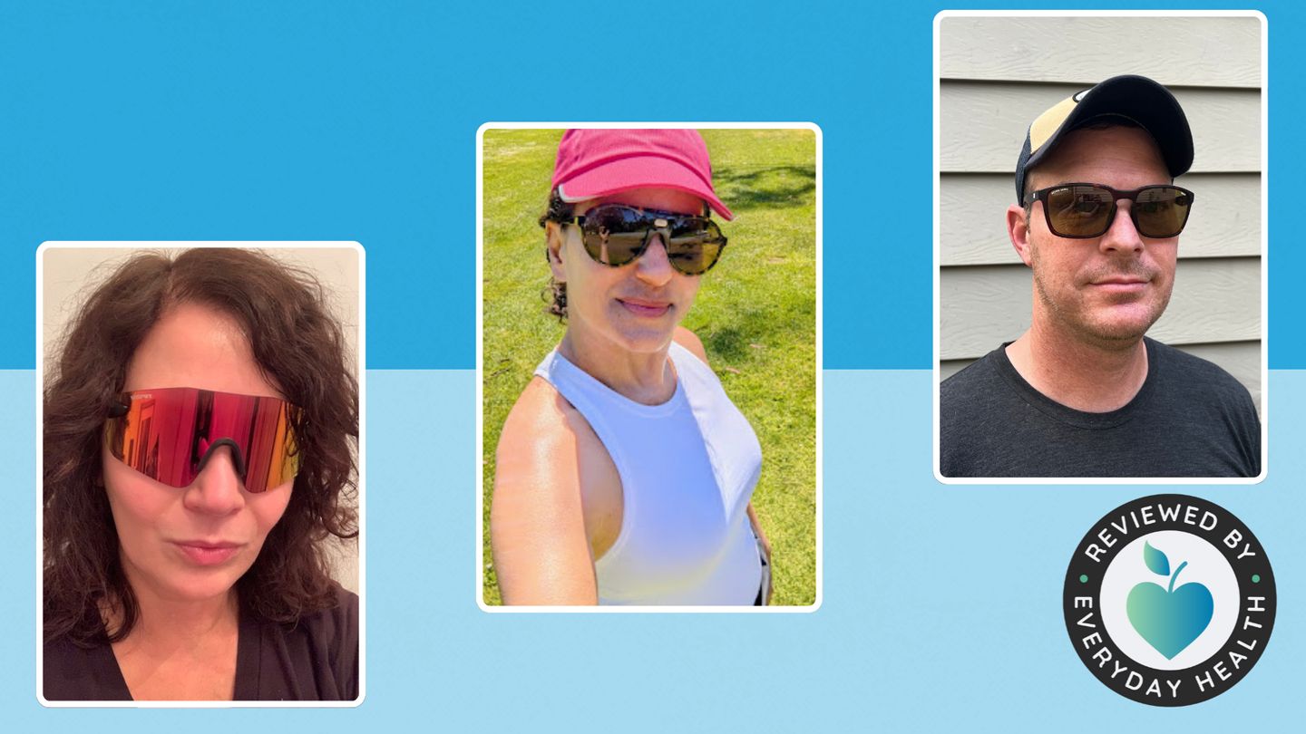 Three people modeling sunglasses in use