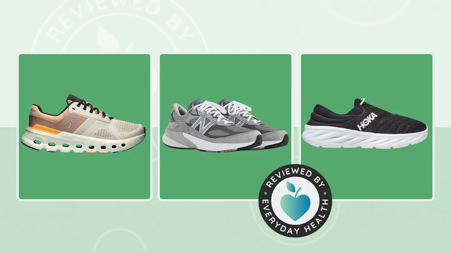 Three different sneakers against green background