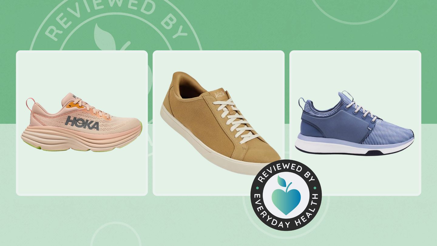 Three pairs of tennis shoes in varying styles against green background