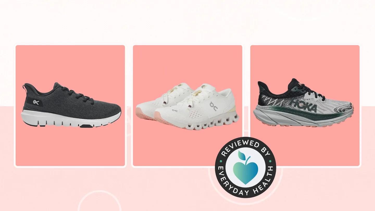 Three different sneakers for heel pain against pink background