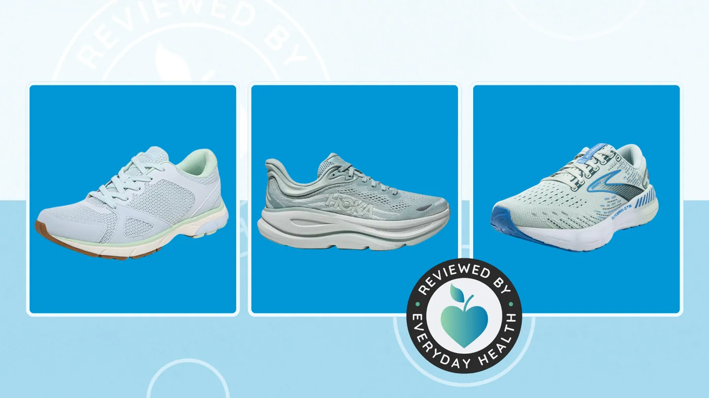 Three different sneaker shoes against blue background