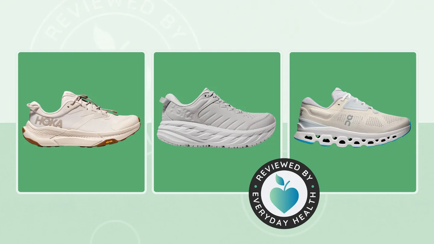 Hoka and On sneakers against green