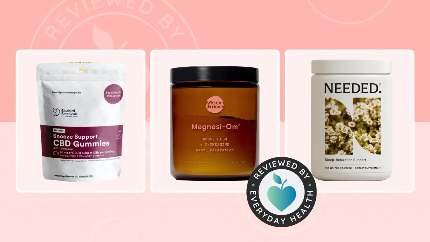 Three types of sleep support supplements against pink background