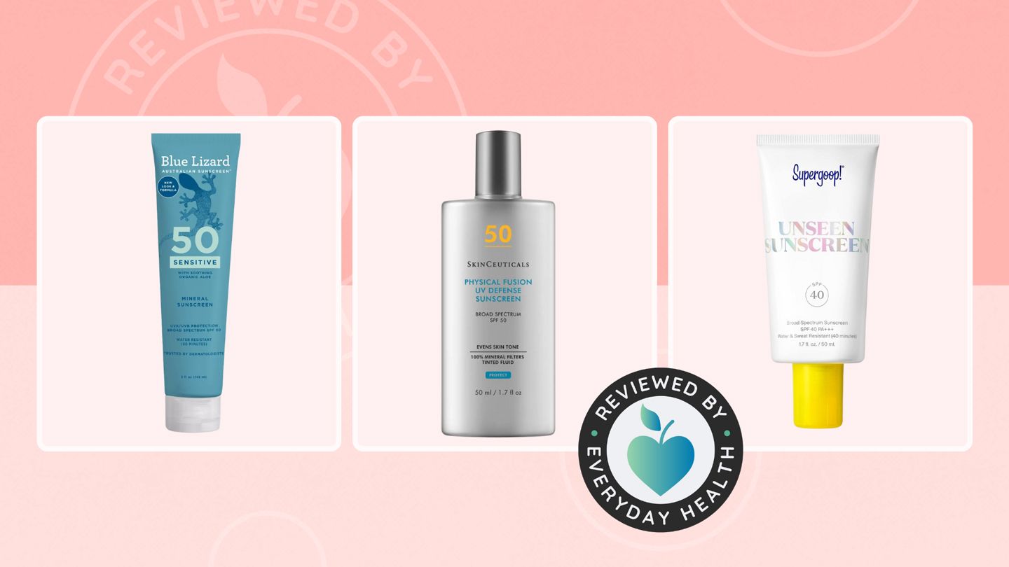 Three different brands of sunscreen against a pink background