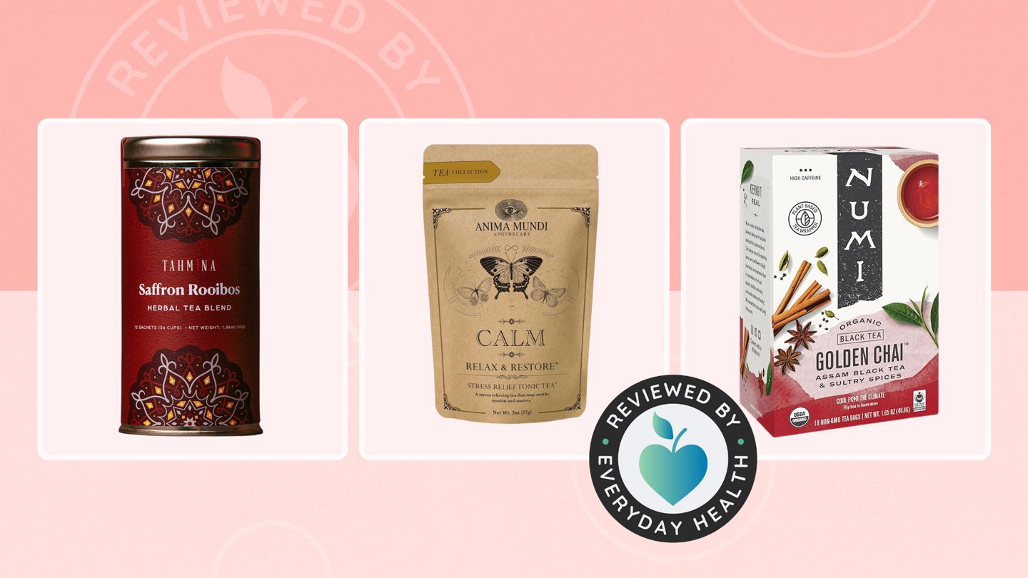 Three different tea packages against pink