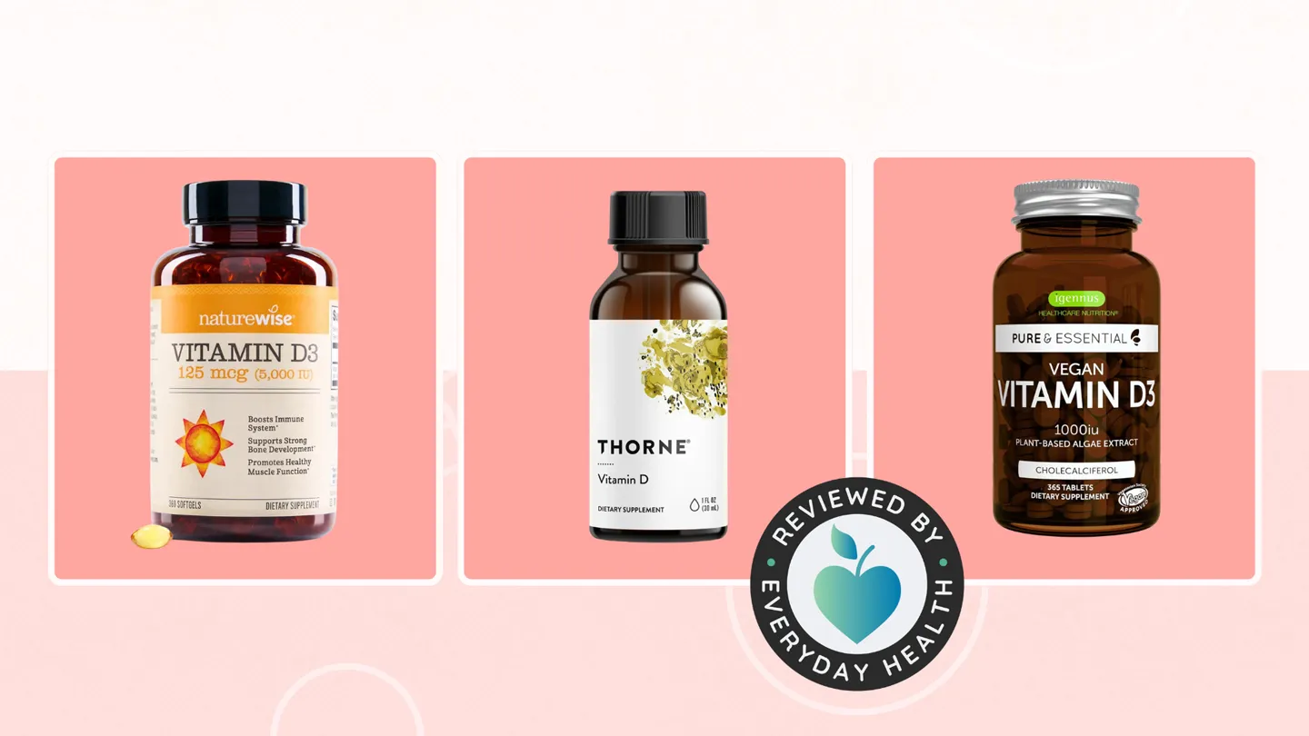 Three different brands of Vitamin D3 bottles against pink background
