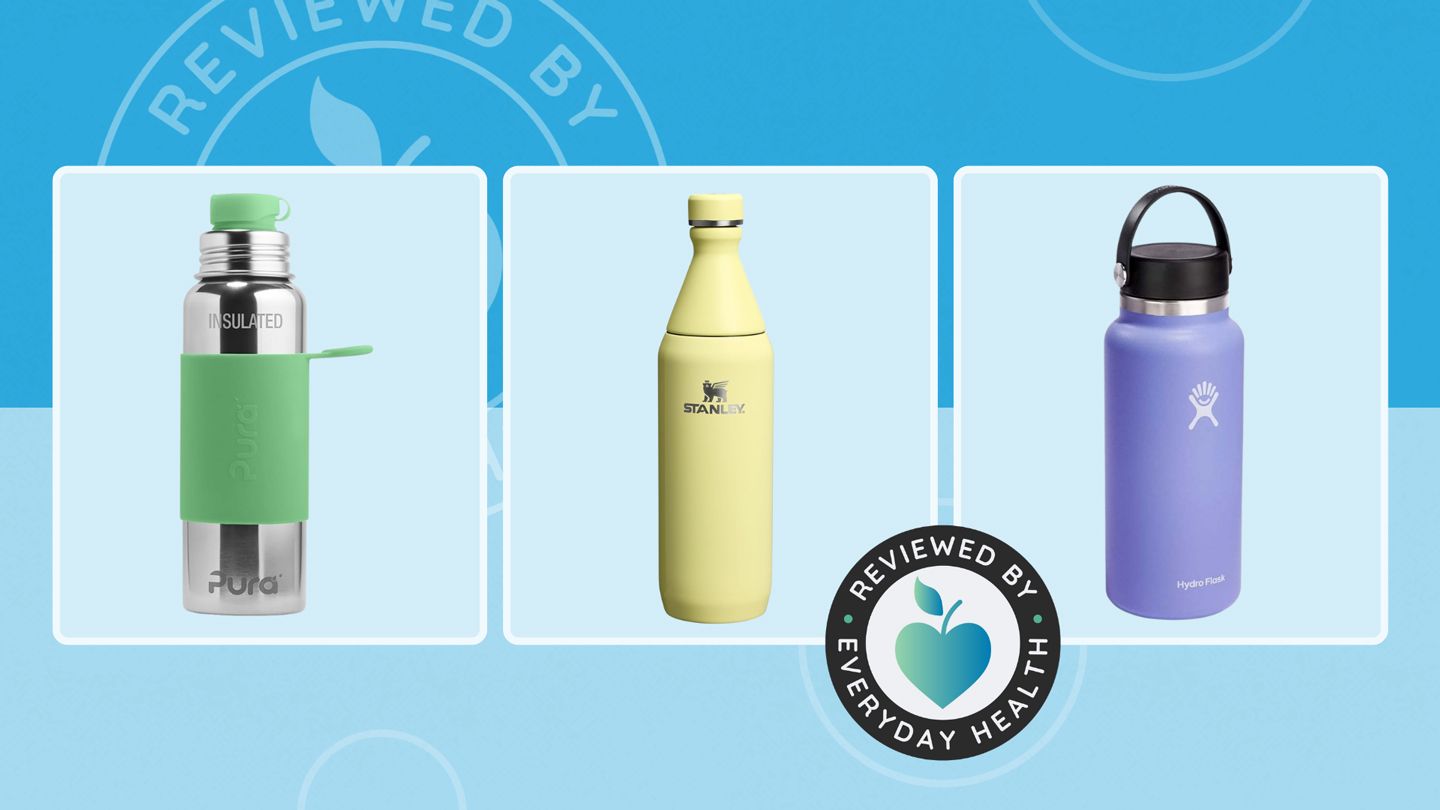 Three different water bottles against blue background