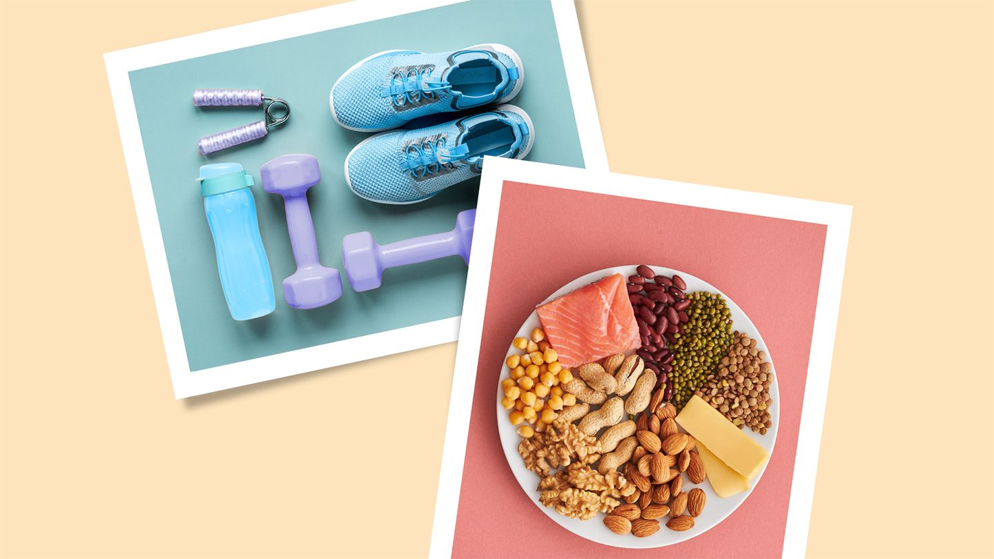 a collage of workout equipment and a plate of various high-fiber and healthy fat foods
