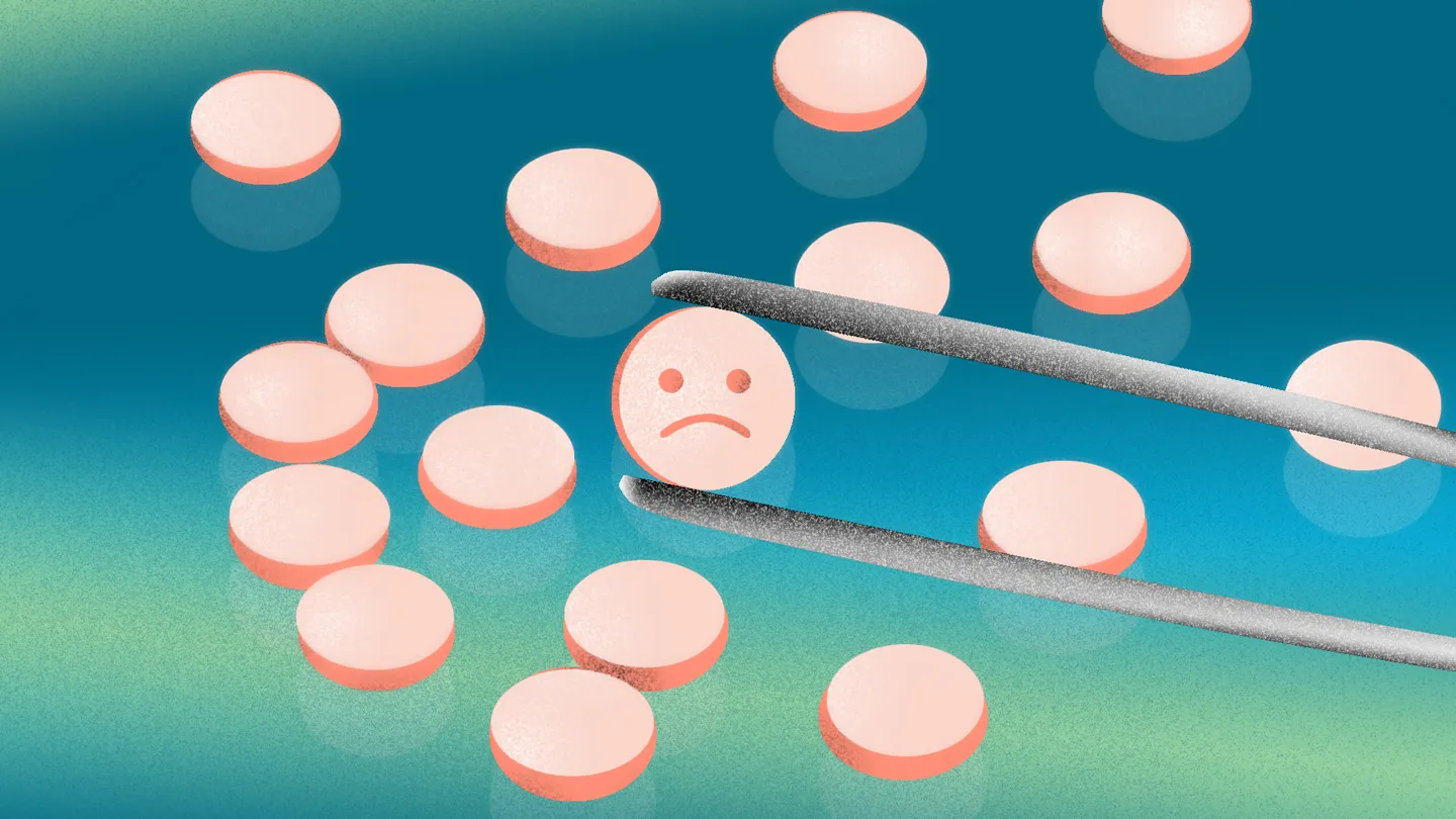 illustration of pills and tweezers on blue green surface sad face