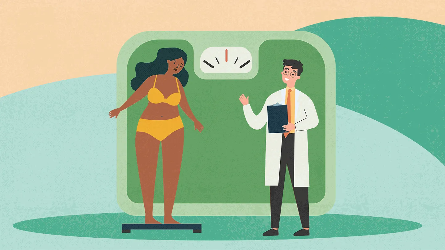 bipoc woman getting weighed by a doctor