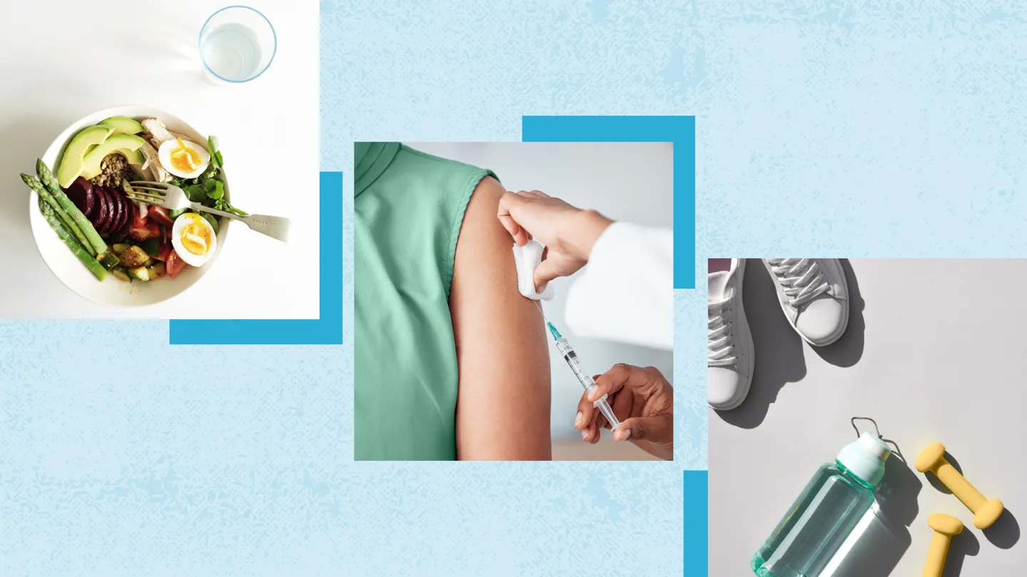 photo of green salad, woman getting vaccine, and exercise equipment