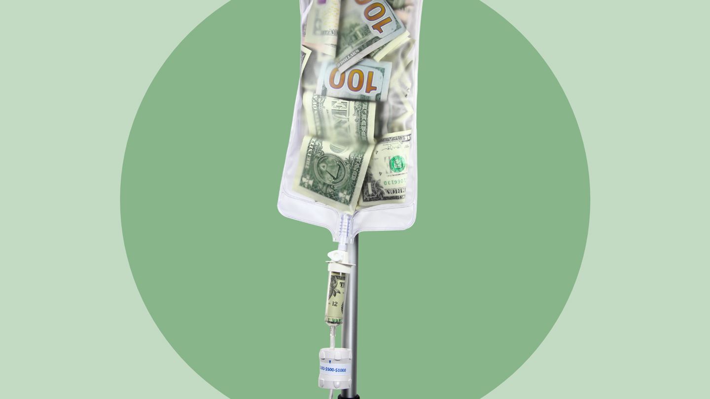 IV bag filled with $100 bills - medical costs concept