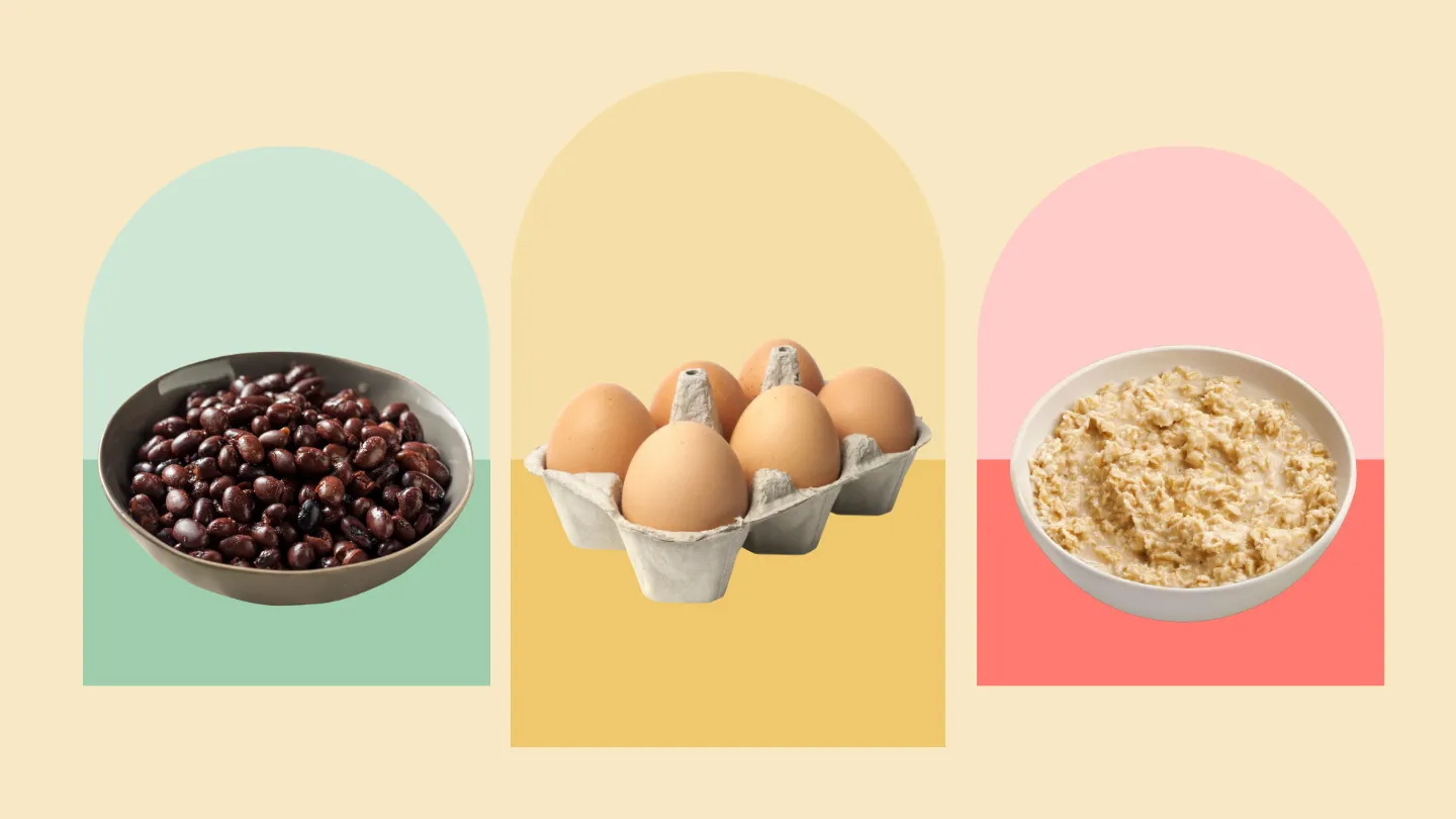 proteins sources like a bowl of black beans carton of six eggs and bowl of oatmeal