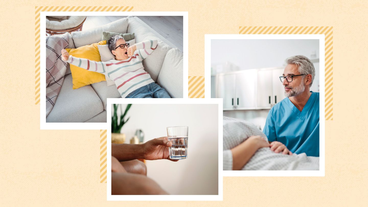 drowsy woman yawning hand holding glass of water patient talking to doctor