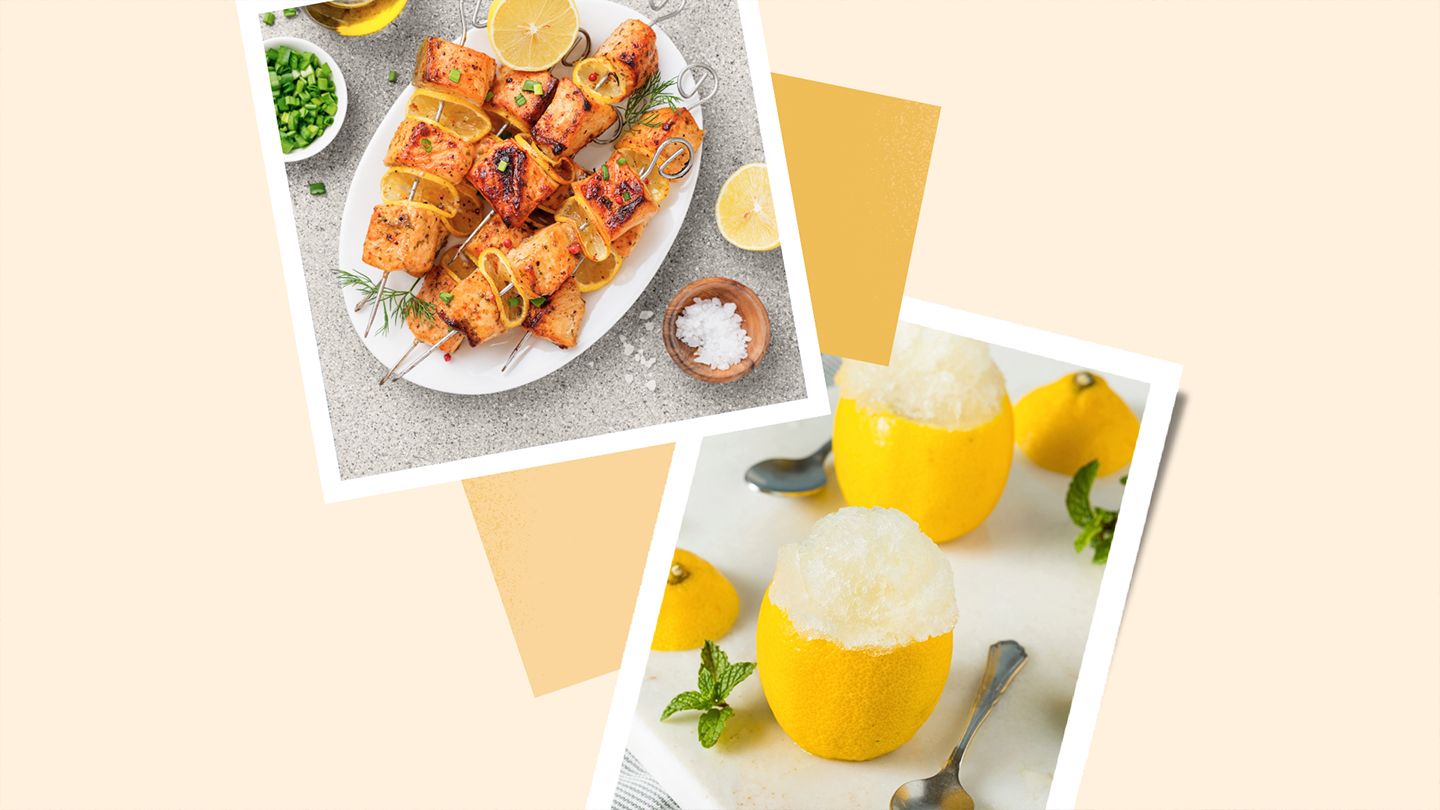 lemon recipes of fish and lemon skewers and lemon sorbet