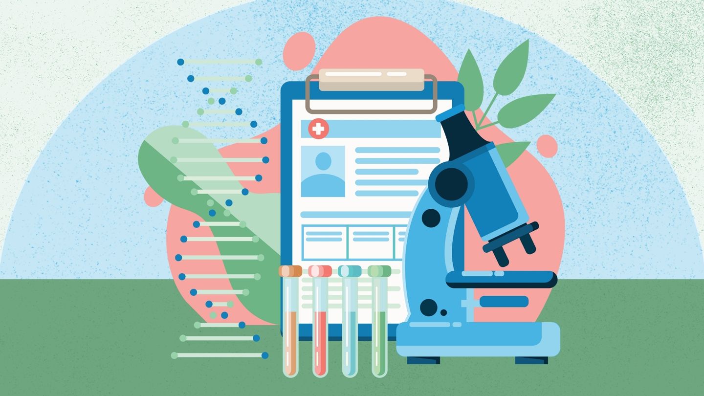 illustration of dna strand, patient chart, vials, microscope,