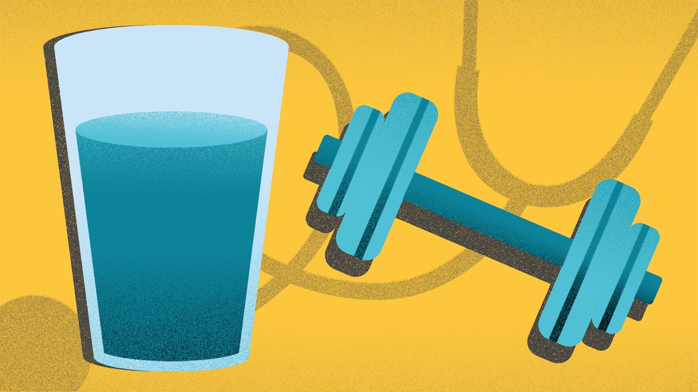 illustration of glass of water and dumbbell and stethoscope