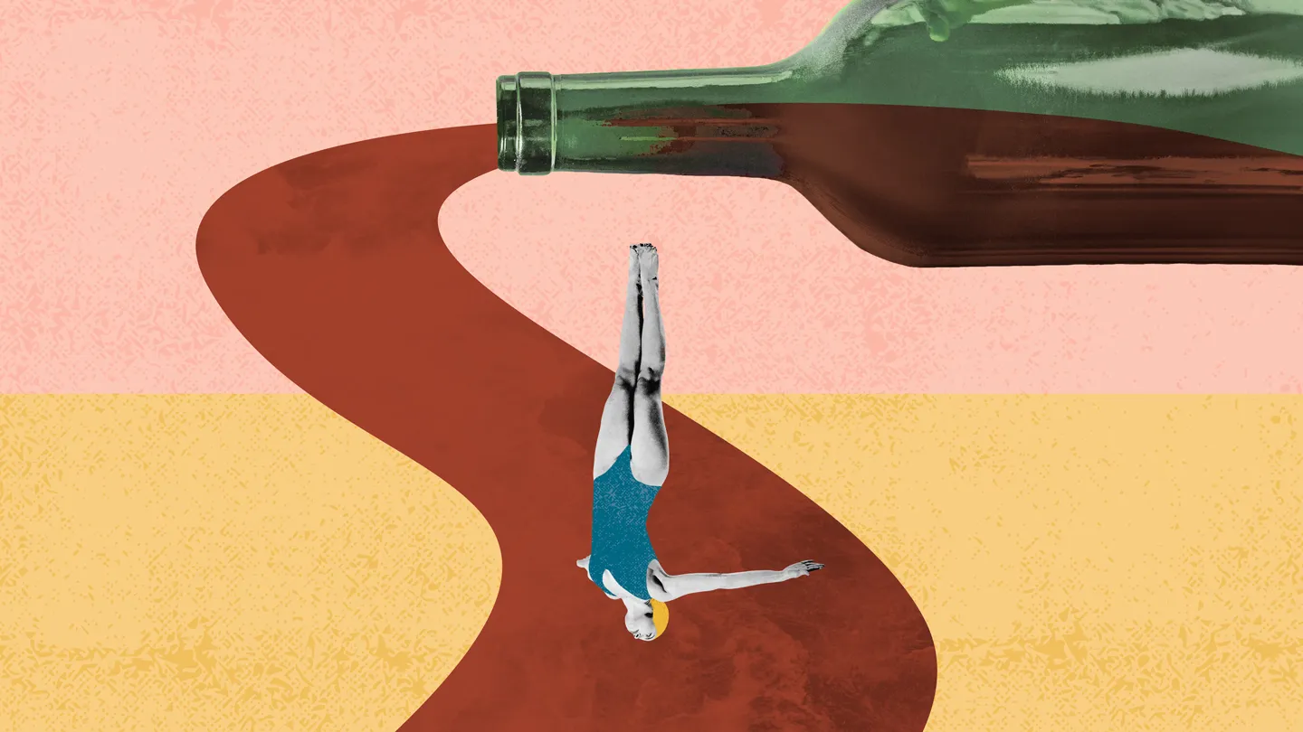Art collage woman diving into a river of wine - concept of alcoholism