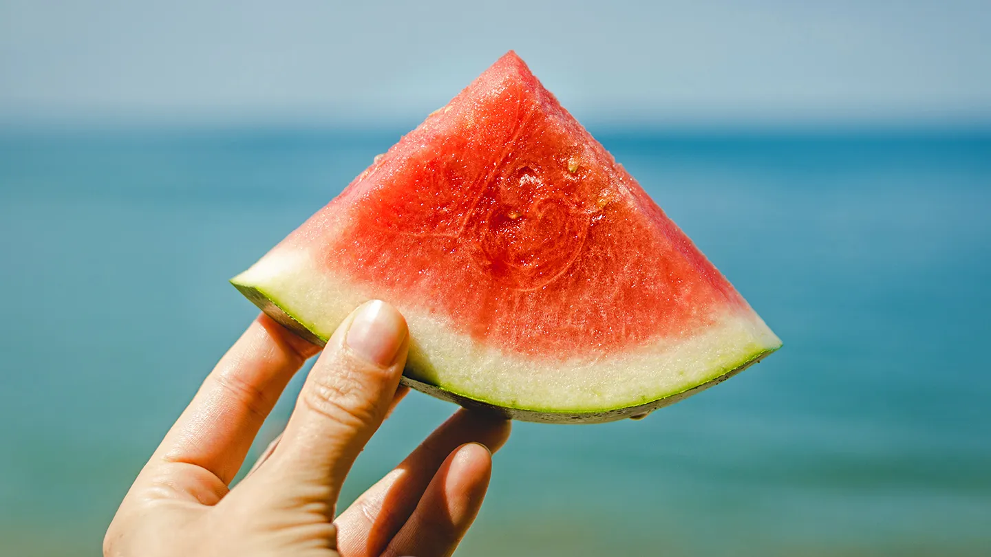 hand holding slice of watermelon