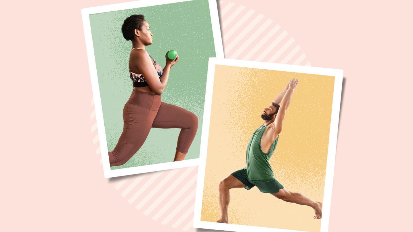 woman lifting weights, man doing yoga