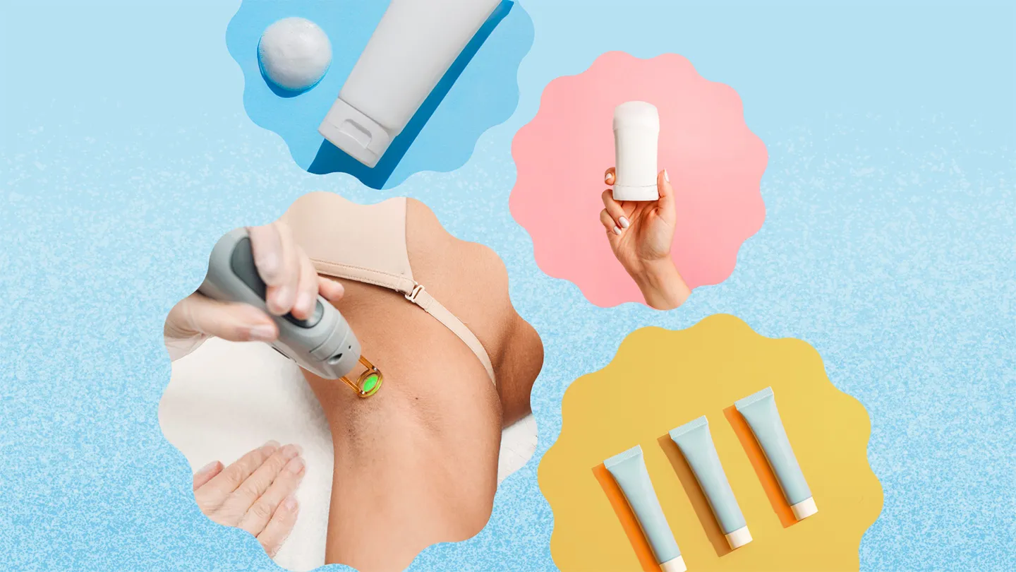 colorful images of tips tube of cleanser unscented deodorant laser hair removal armpit tubes of OTC acne meds