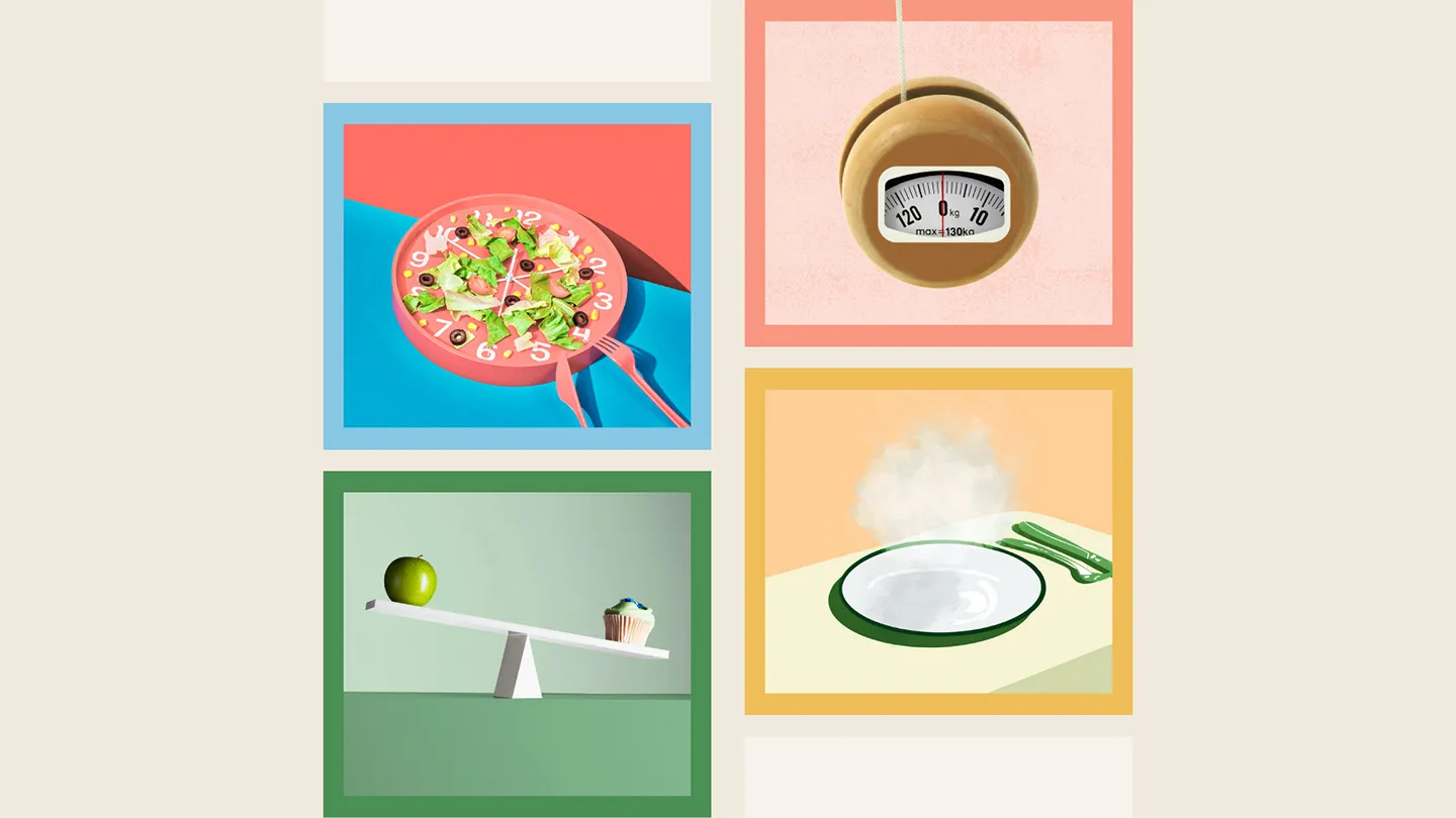 restrictive eating clock yoyo diet good or bad food scale eating disorder concepts