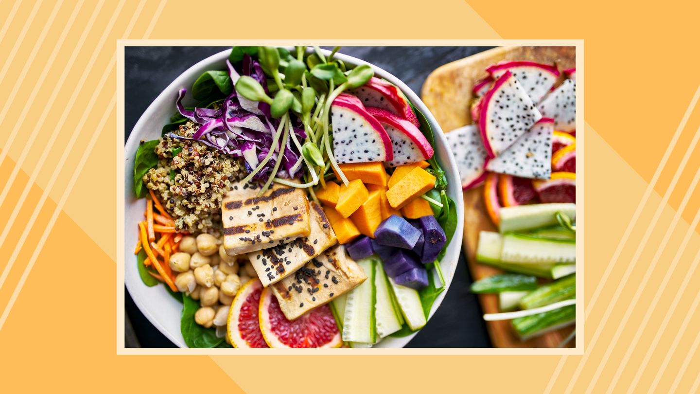 colorful buddha bowl with grilled tofu and dragon fruit