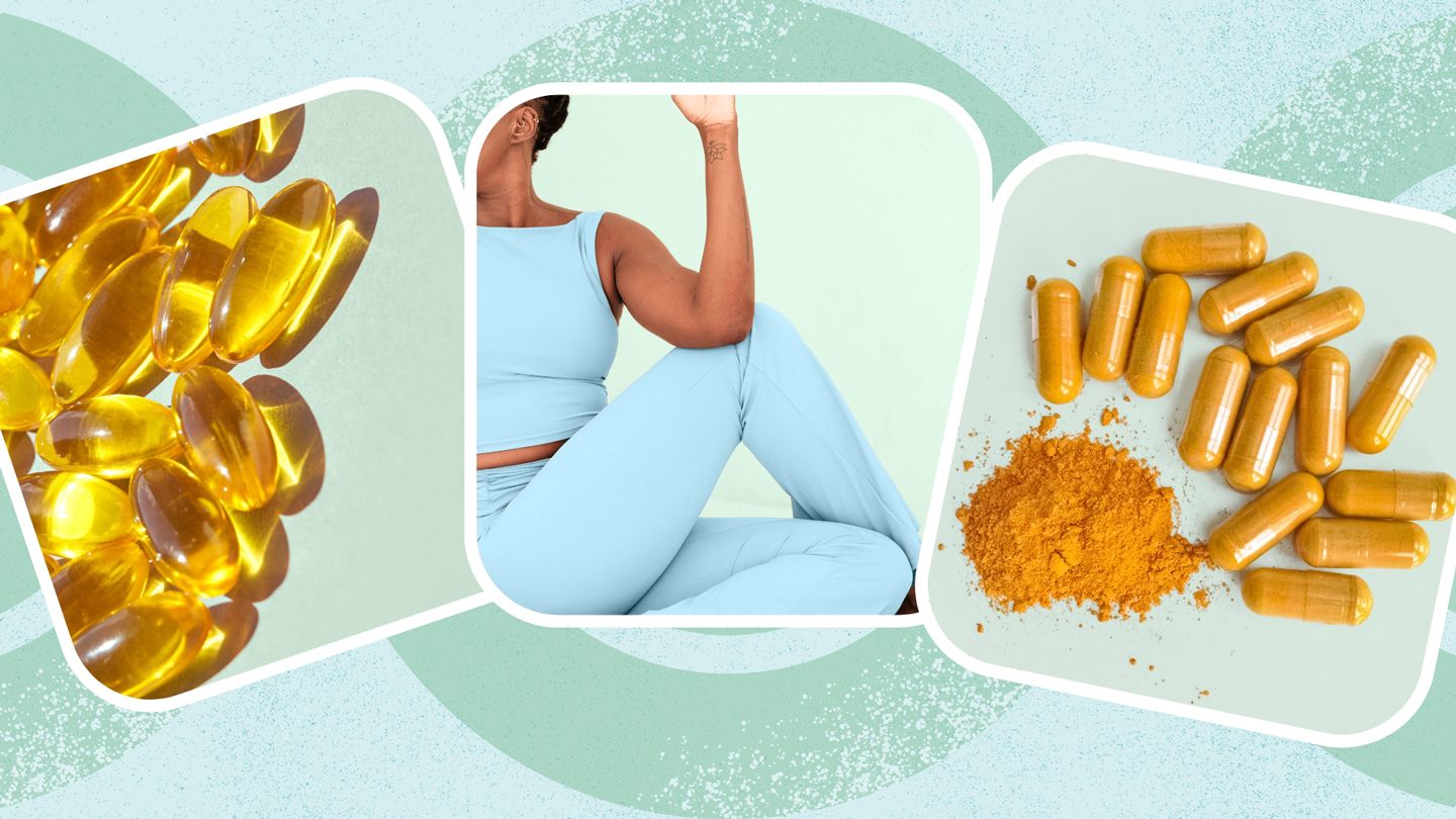 omega-3 capsules, Black woman doing yoga, turmeric capsules